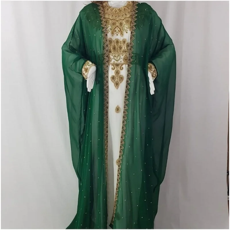 Caftani Verdi Farasha Abaya Dubai Marocco Vestito Molto Operato Tendenza Moda Europea E Americana