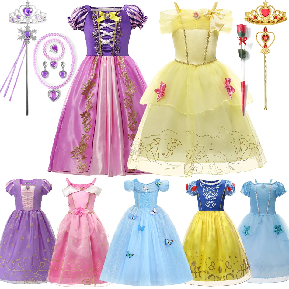 Disney Girls Princess Dress Kids Rapunzel Belle Cenerentola Biancaneve Aurora Sofia Bambini Halloween Birthday Party Costume