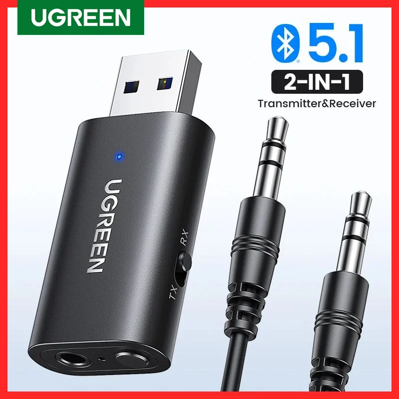 Ugreen 2 In 1 Adattatore Per Auto Bluetooth Bluetooth 5.1 Trasmettitore Stereo Ricevitore Wireless 3.5Mm Aux Jack Adapter Car Kit Mic