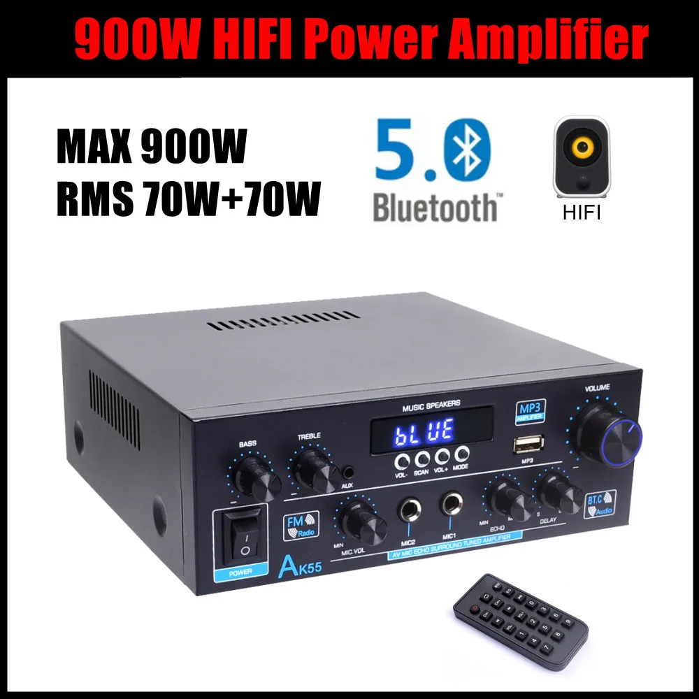 Woopker Ak55 900W Amplificatore Di Potenza Domestica 2.0 Canali Bluetooth 5.0 Hifi Amplificatore Audio Stereo Digitale 2.0 450W + 450W Subwoofer