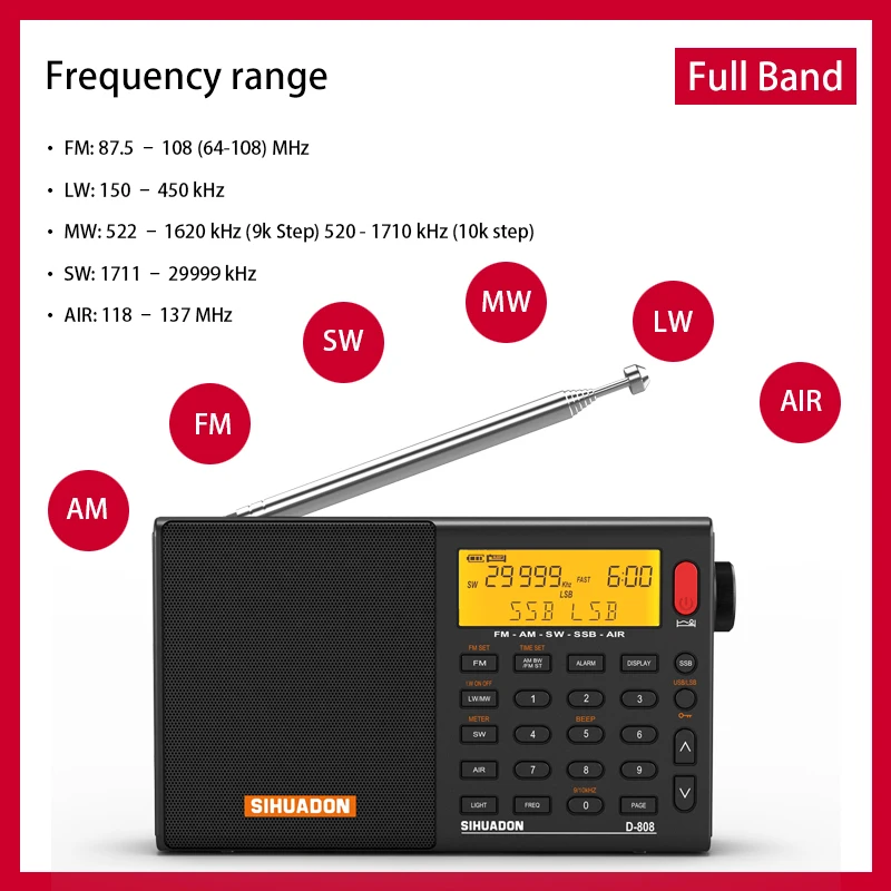 Xhdata D-808 Grigio Radio Portatile Am Fm Ad Alta Sensibilità E Suono Profondo Stereo Multi Full Band Con Display Lcd Temperatura Di Allarme