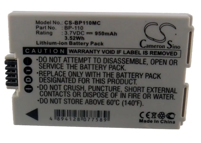 Fotocamera 950Mah Batteria Per Canon Bp-110 Legria Hf R26 Legria Hf R28 Legria Hf R206 Vixia Hf R20 Vixia Hf R21 Vixia Hf R200