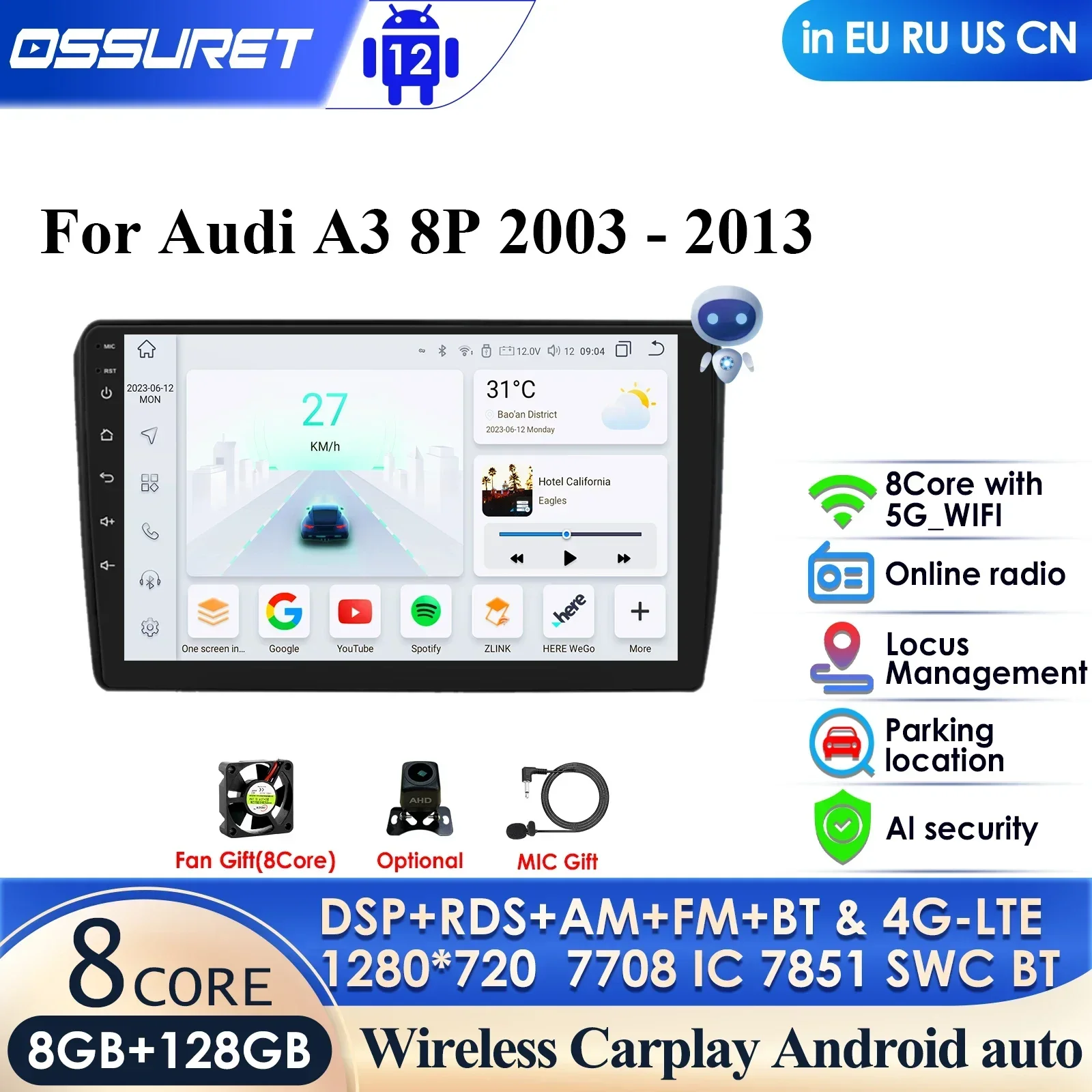 Per Audi A3 8P 2003-2011 S3 Rs3 Sportback Autoradio Lettore Video Multimediale Navi Gps 2Din Android 12 Autoradio Carplay Auto 4G