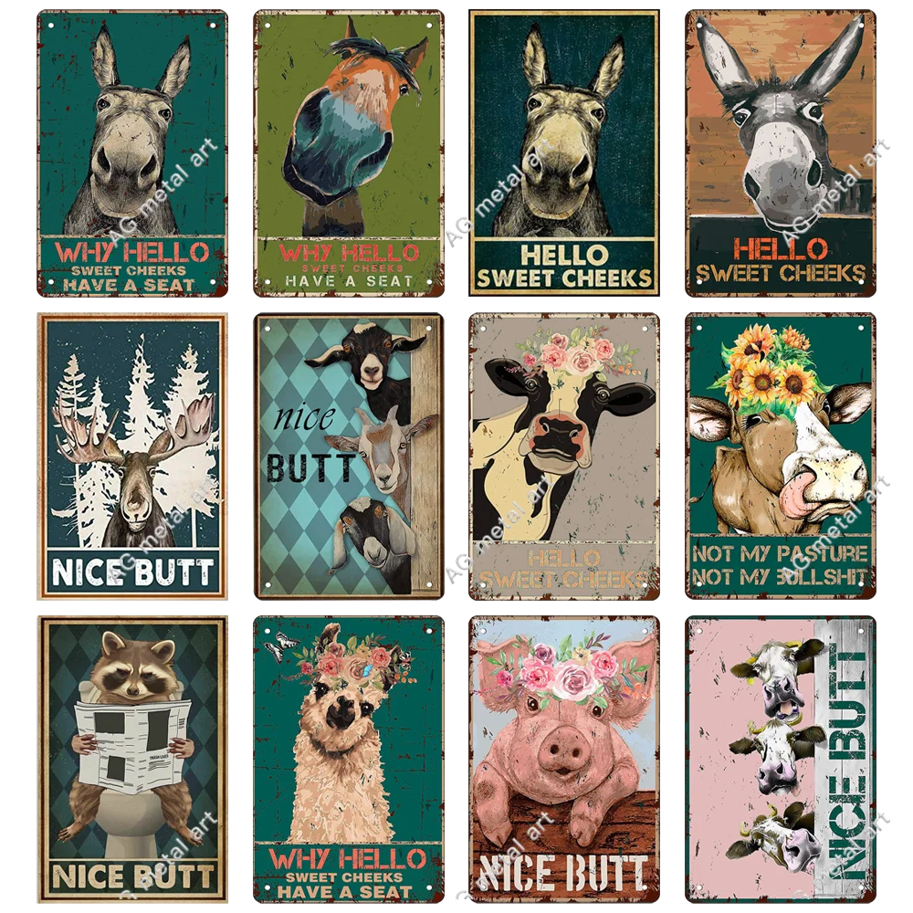 Metal Tin Sign Donkey Hello Sweet Cheeks Bull Nice Butt Cave Pub Store Toilet Wall Retro Decor Metal Poster Iron Plate Painting