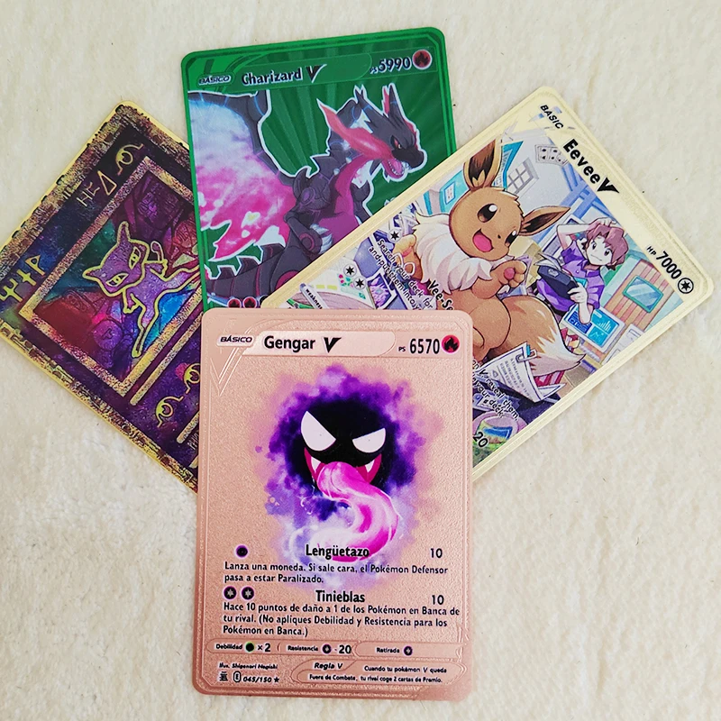 Carte Pokemon In Metallo Da 7000 Cv Lettere Spagnole Ferro Dorato Gx Ex Shiny Pokemon Mewtwo Gengar Charizard Eevee Pikachu Giocattoli Per Bambini