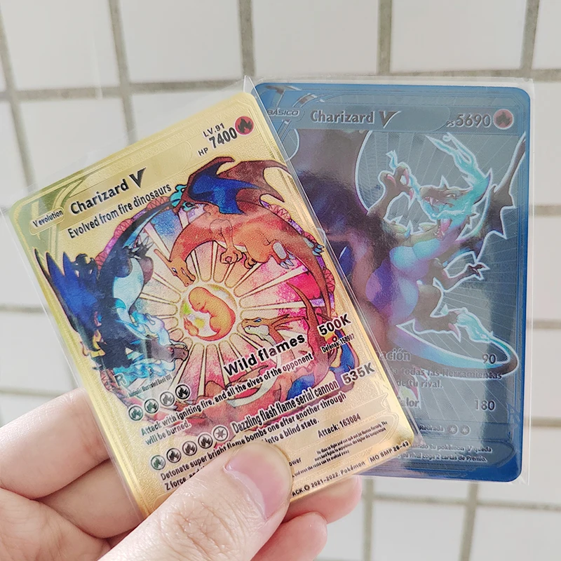2023 Carte Pokemon In Metallo Lettere Charizard Spagnolo Pikachu Gengar Mewtwo Shiny Iron Pokemon Gx Vmax Ex Gioco Giocattoli Per Bambini