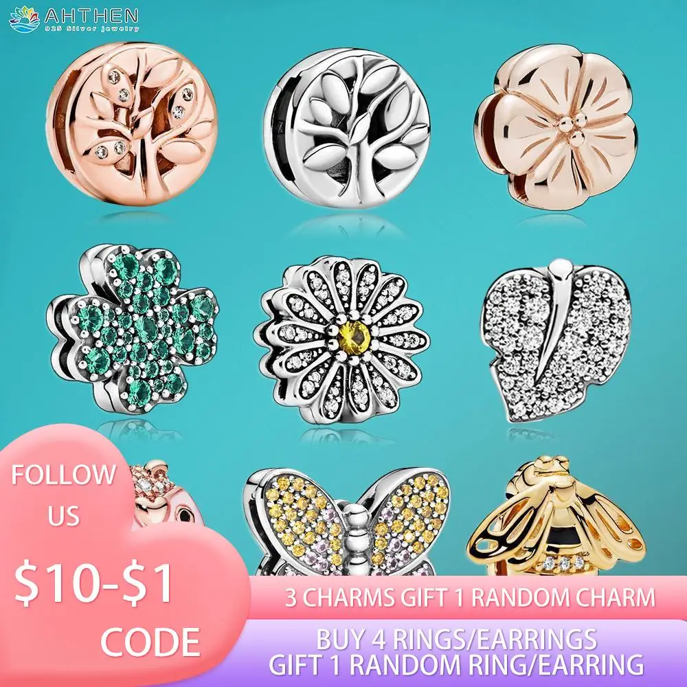 Ahthen 925 Sterling Silver Bee Leaf Tree Lucido Daisy Flower Butterfly Clip Charms Fit Bracciali Pandora Reflexions Originali