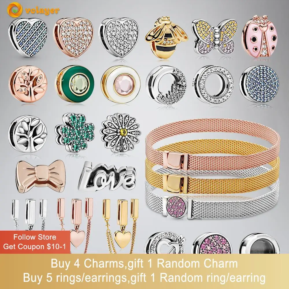 Volply Charms Con Clip Di Perline In Argento Sterling 925 Cuore Daisy Flower Clip Charm Fit Braccialetti Di Riflessione Pandora Originali
