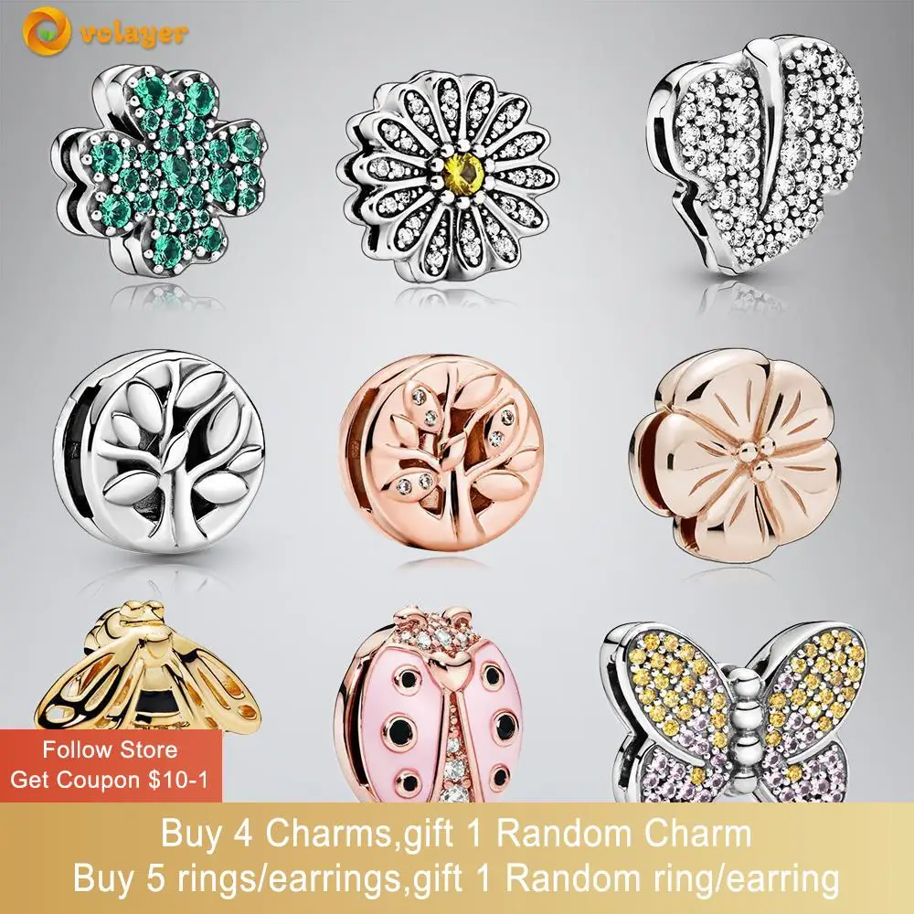 Volply 925 Sterling Silver Bee Leaf Tree Lucido Daisy Flower Butterfly Clip Charms Fit Bracciali Pandora Originali