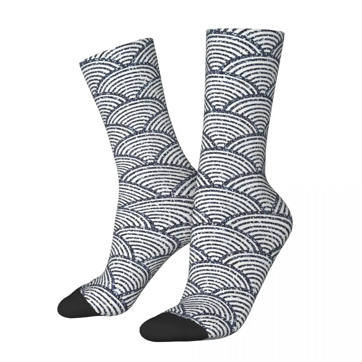 Hip Hop Retro Japanese Seigaiha Wave Denim Sparkle Pattern Crazy Men'S Socks Unisex Geometric Patterns Printed Crew Sock