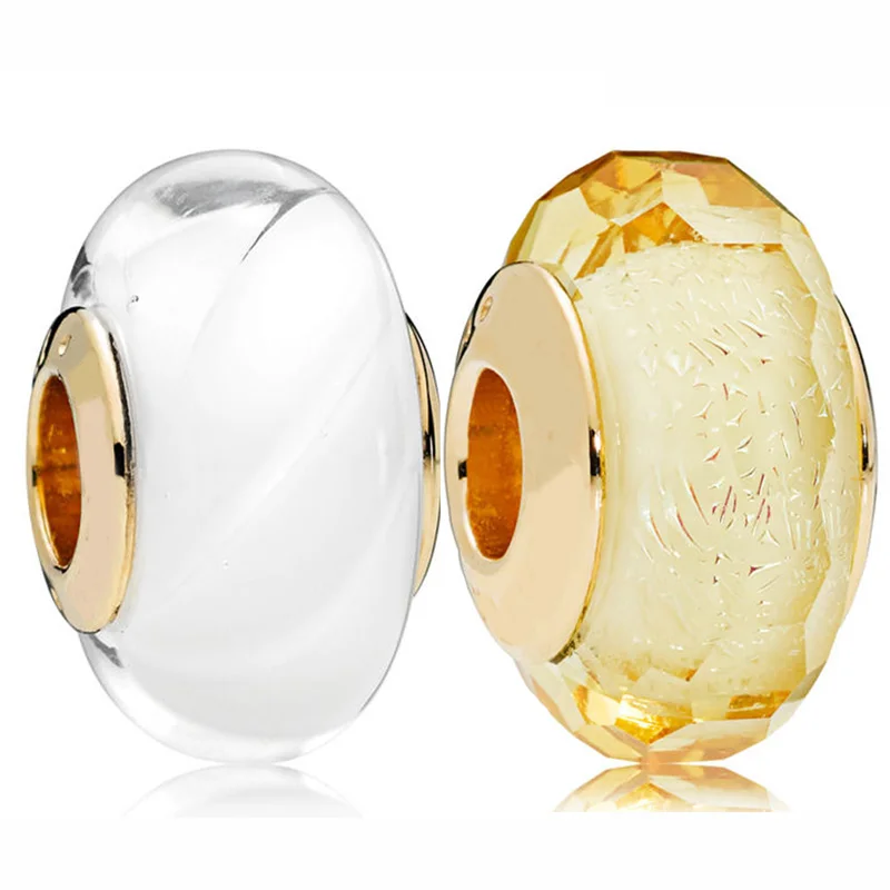 White Waves Shine Golden Sfaccettato Rose Murano Glass Charm 925 Sterling Silver Original Bead Fit Fashion Bracciale Gioielli Fai Da Te