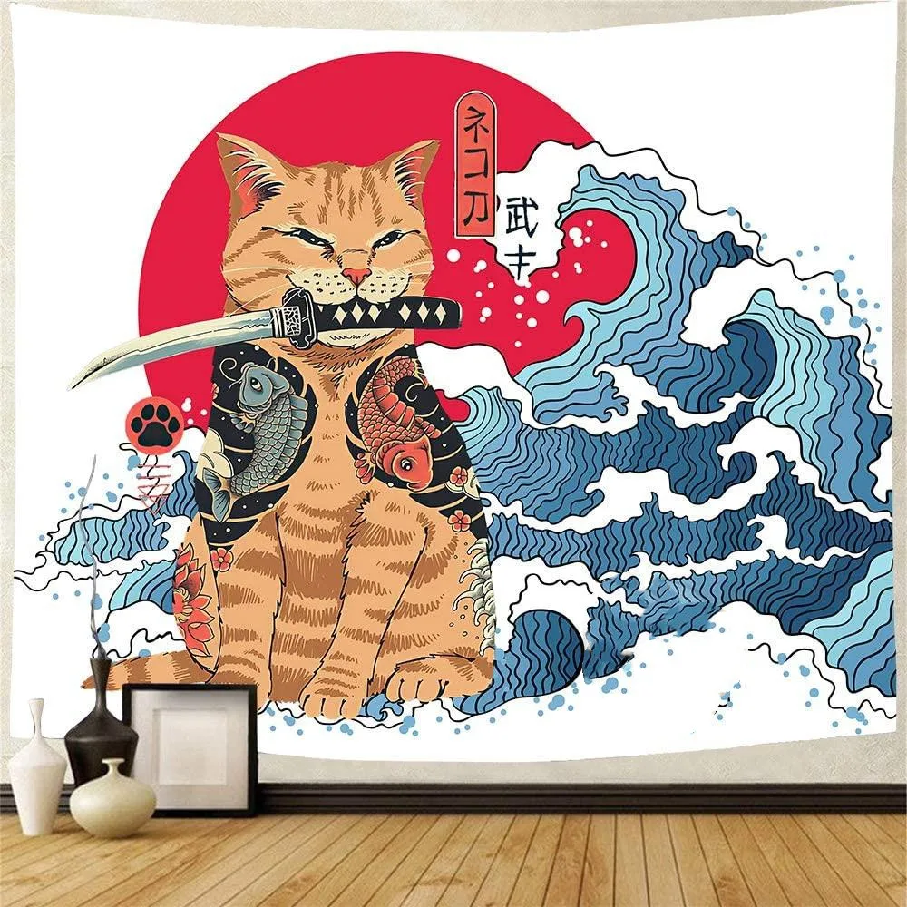 Giappone Samurai Cat Arazzo Giapponese Ukiyo-E Style Waves Wall Hanging Cartoon Kitty Soggiorno Camera Da Letto Decor Wall Coperta Panno