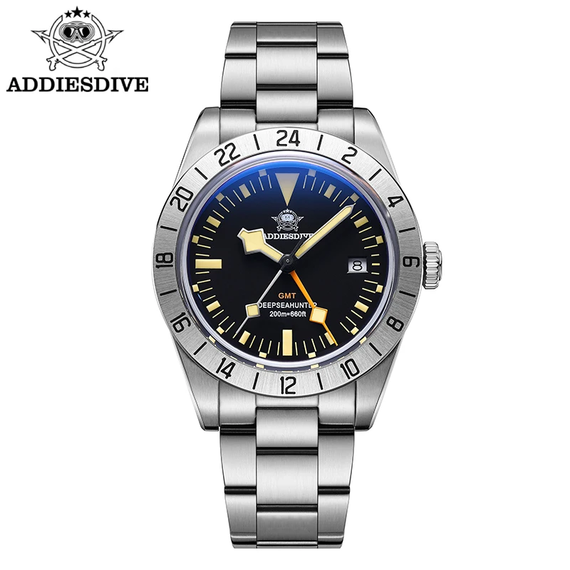 Addiesdive 39Mm Gmt Watch Retro Dial Swiss Quartz Bgw9 Super Luminoso Bubble Glass Acciaio 316L 200M Impermeabile Orologio Da Polso Gmt Da Uomo