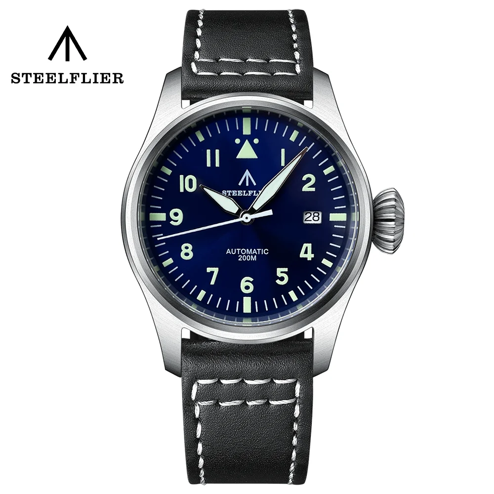 Steelflier Automatico Nh35 Movimento Pilota Orologio C3 Luminoso 39Mm Cassa Grande Corona Di Cipolla Impermeabile Vetro Zaffiro 200M Orologi Subacquei