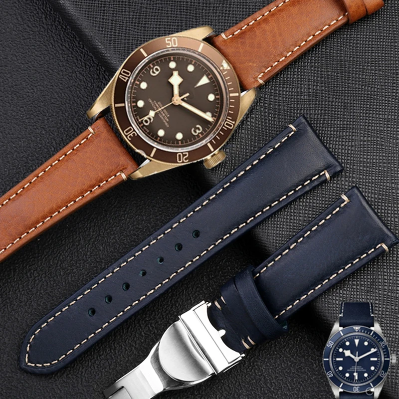 Cinturino In Pelle Italiana Per Tudor Bronze Black Shield Citizen Tissot Watch Strap Con Chiusura Pieghevole Bracciale Blu Marrone 22Mm