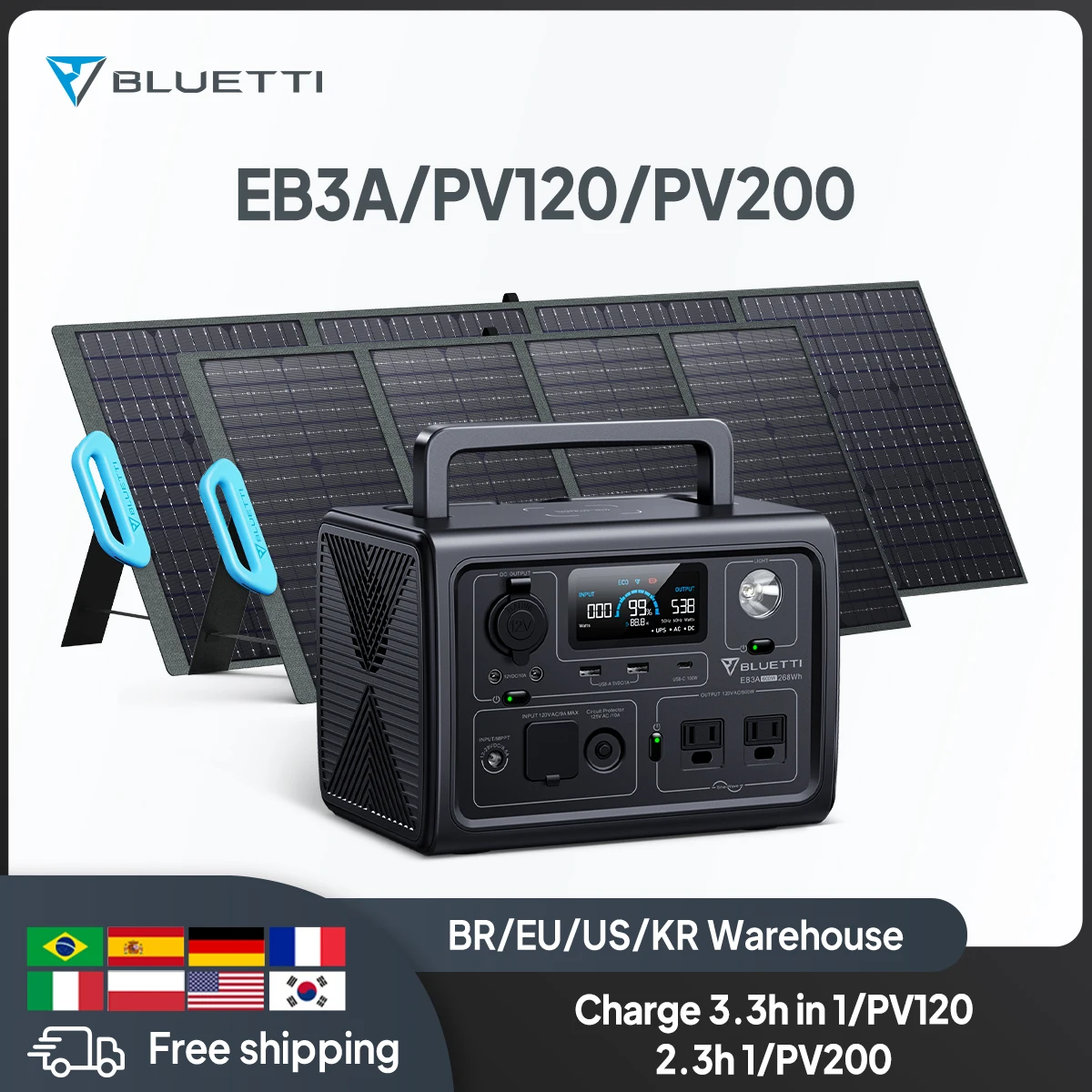 Bluetti Eb3A Pv120 Pv200 600W 268Wh Centrale Elettrica Portatile Ups Campeggio Rv Tende Tv Drone Laptop 120W 200W Piastra Del Pannello Solare