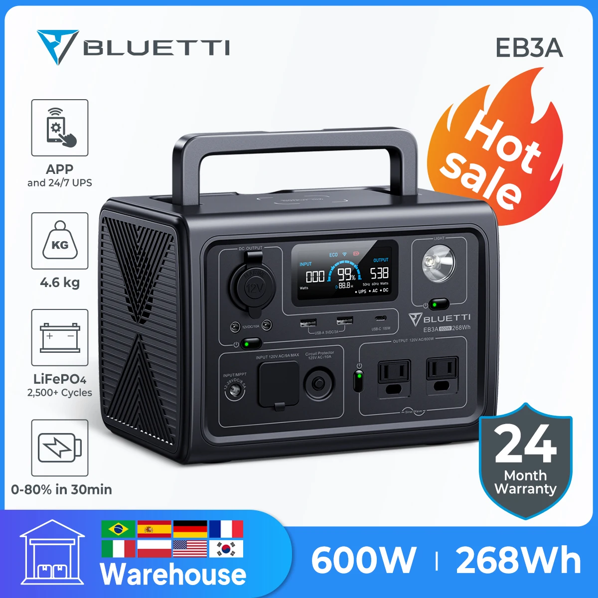 Bluetti Eb3A Centrale Elettrica Portatile 600W Generatore Solare 268Wh Lifepo4 Batteria Caming Mancanza Di Corrente Campeggio Pesca Rv Ups 2.500+ Cicl