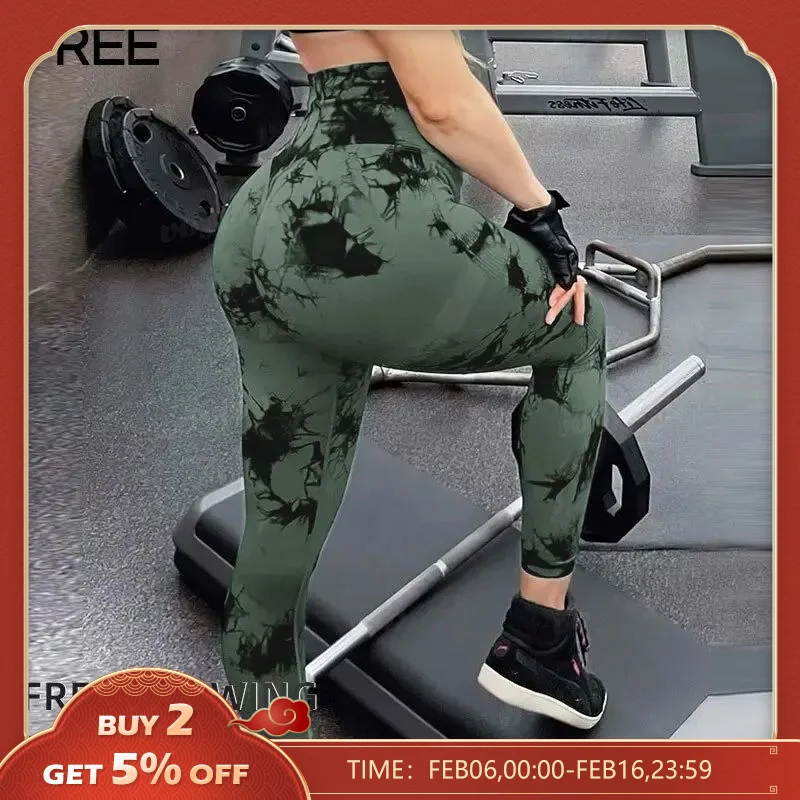 Yoga Basic Tie Dye Leggings Sportivi Con Cintura Larga