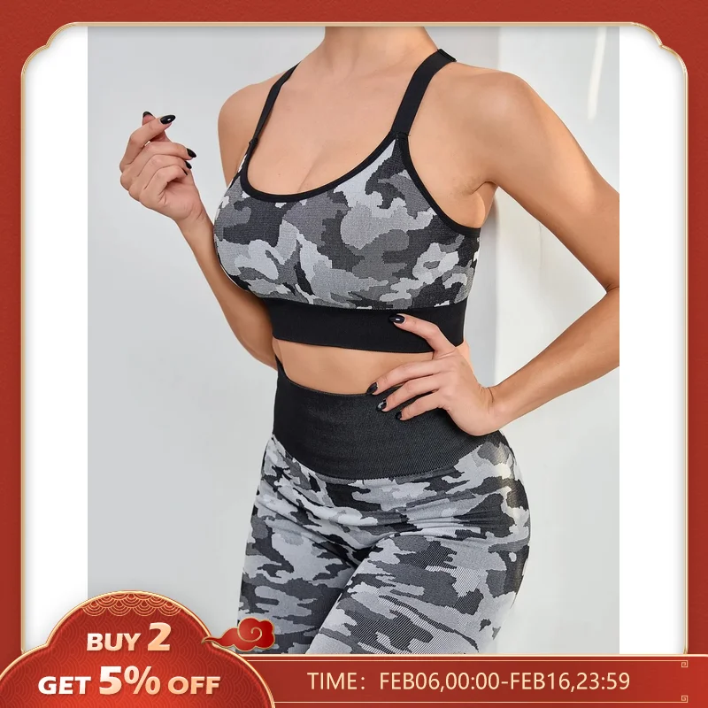 2 Pezzi Yoga Camouflage Camo Sport Set Donna Palestra Abbigliamento Fitness Leggings A Vita Alta + Reggiseno Allenamento