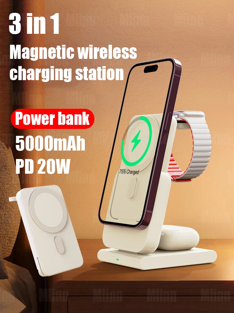 Magsafe 3 In 1 Magnetic Wireless Power Bank 15W Fast Charger Station Batteria Ausiliaria Esterna Per Iphone 14 13 12 Apple Watch