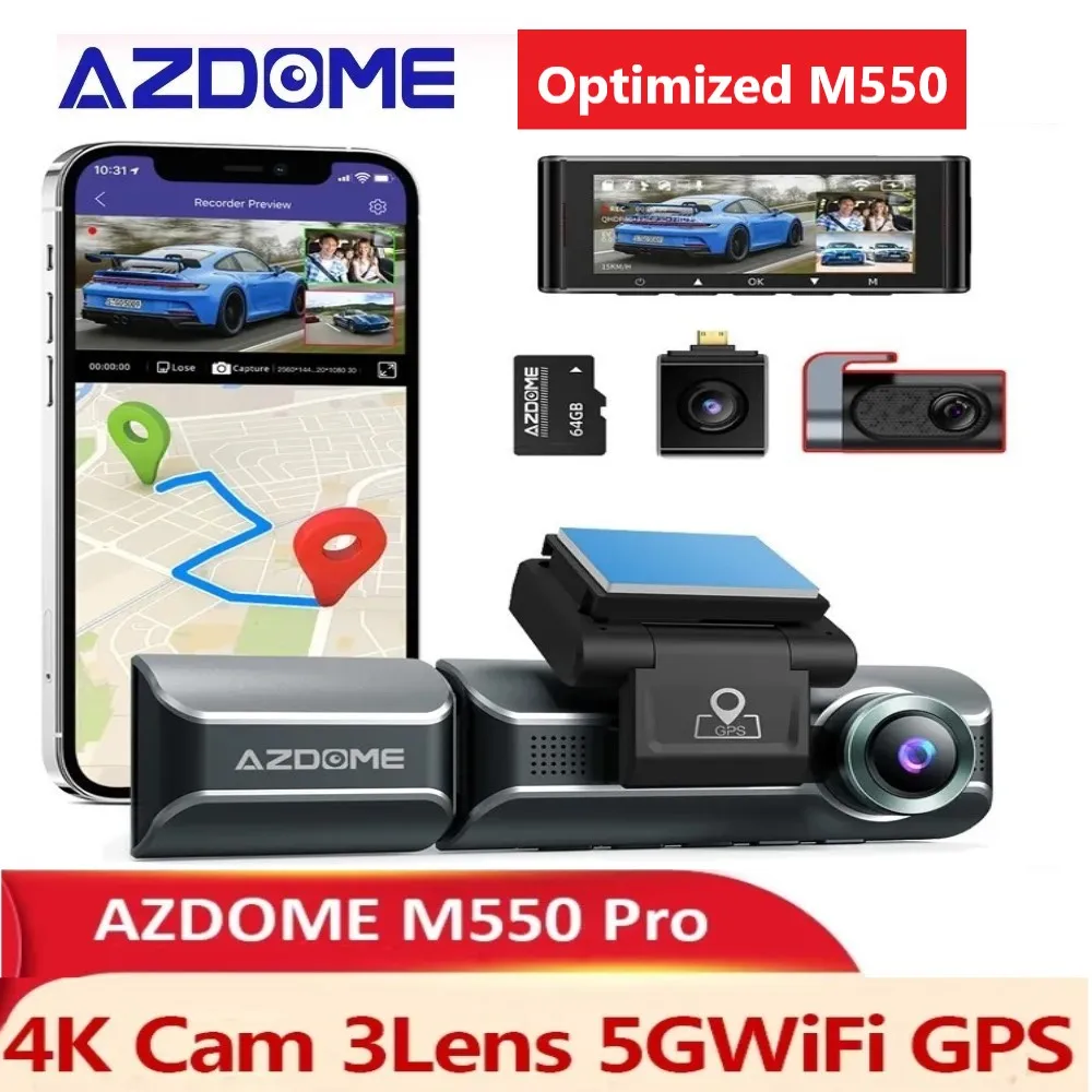 Ottimizzato M550 Azdome Car Dvr M550Pro Dash Cam 4K 5.8Ghz Wifi 3 Fotocamera Anteriore/Cabina/Posteriore Cam Gps Visione Notturna 24H Monitor Di Parch