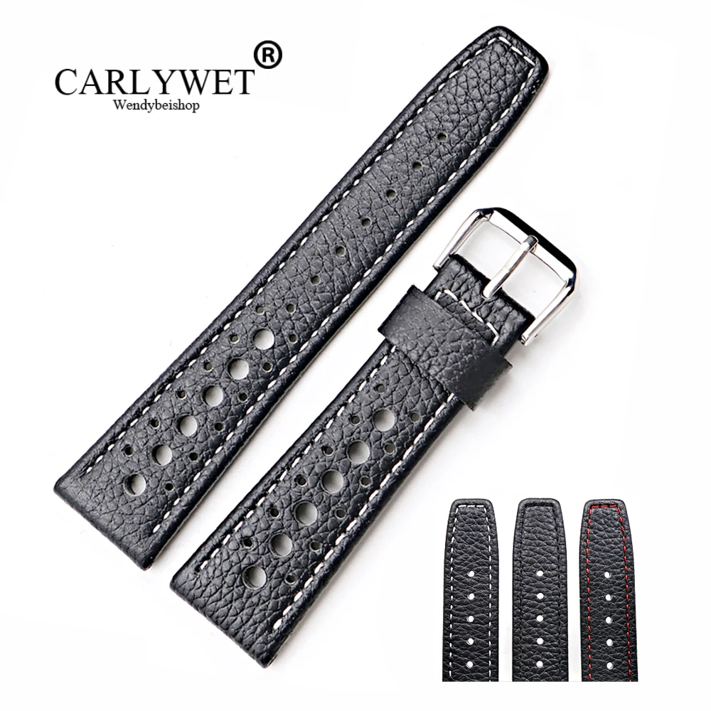 Carlywet 20 22Mm Vera Pelle Di Vitello Handmade Nero Con Bianco Red Punti Da Polso Watch Band Strap Cintura Per Dayjust Omega Iwc