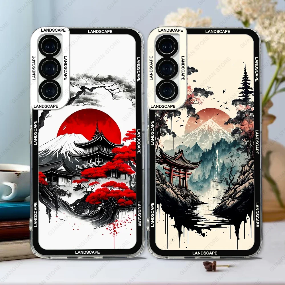 Custodia Per Samsung Galaxy S20 S21 Fe S22 S23 Ultra A13 A32 A33 A50 A52 A53 A73 A54 A14 Soft Cover Ink And Wash Landscape
