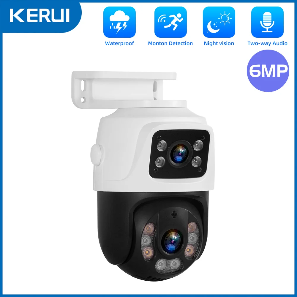 Kerui Outdoor Dual Lens Ptz 6Mp Poe Ip Camera Home Security Camera Video Cctv Sorveglianza Onvif Icsee Camera Dual-Screen
