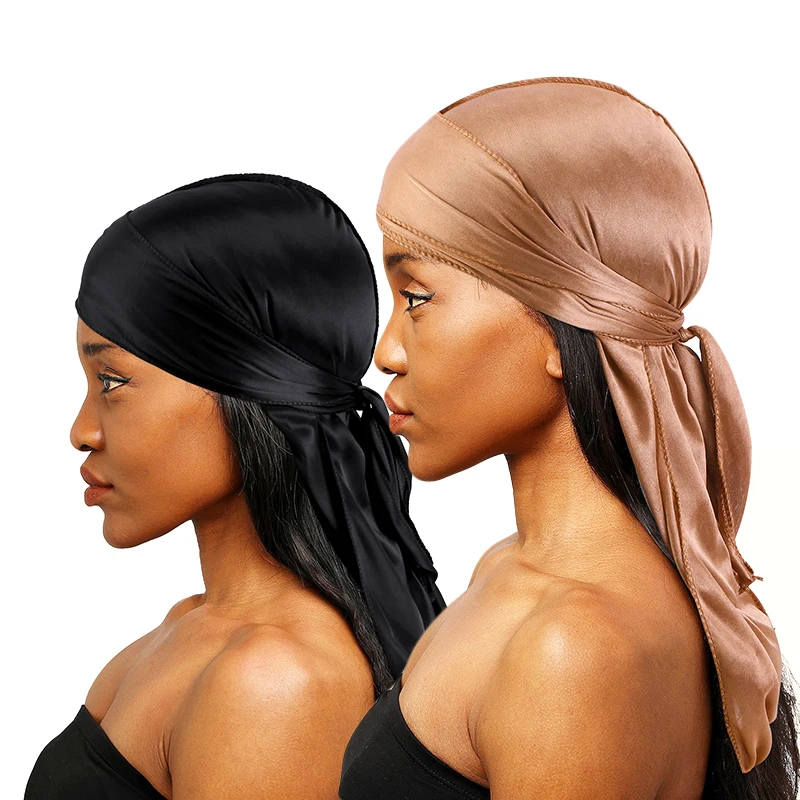 2 Pezzi Durags In Raso Di Seta Per Uomo Designer Berretti A Coda Lunga Doo Rags Caps Du-Rags Per Le Donne Cravatta In Raso Di Seta Do Rags Cap For Wav