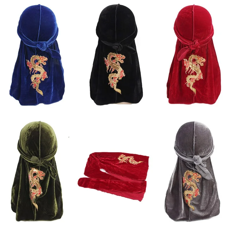 New China Dragon Pattern Velvet Durag Headwrap Donna E Uomo Turbante Durag Durag Do Doo Du Straccio Coda Lunga Copricapo Copricapo Cappellino Chemio