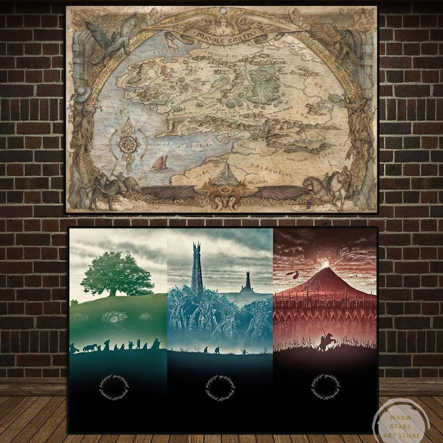 Vintage Middle Earth Map Classic Magic Movie Canvas Art Rings Lord Poster E Stampe Pittura Murale Per La Decorazione Del Soggiorno
