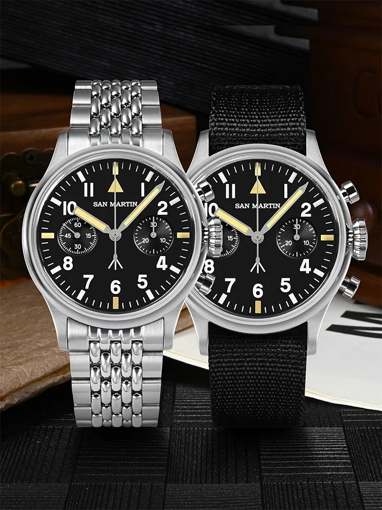 San Martin 38.5Mm Cronografo Da Uomo Pilot Watch Luxury St1901 Manuale Meccanico Semplice Militare Flieger Sapphire 10 Atm Luminoso
