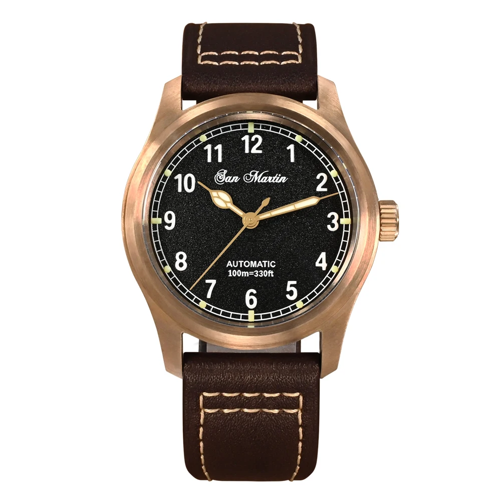 San Martin Sn034Q Cusn8 Bronze Pilot Men Watch Yn55 Vintage Military Automatic Mechanical Leather 100M Orologi Da Polso Impermeabili