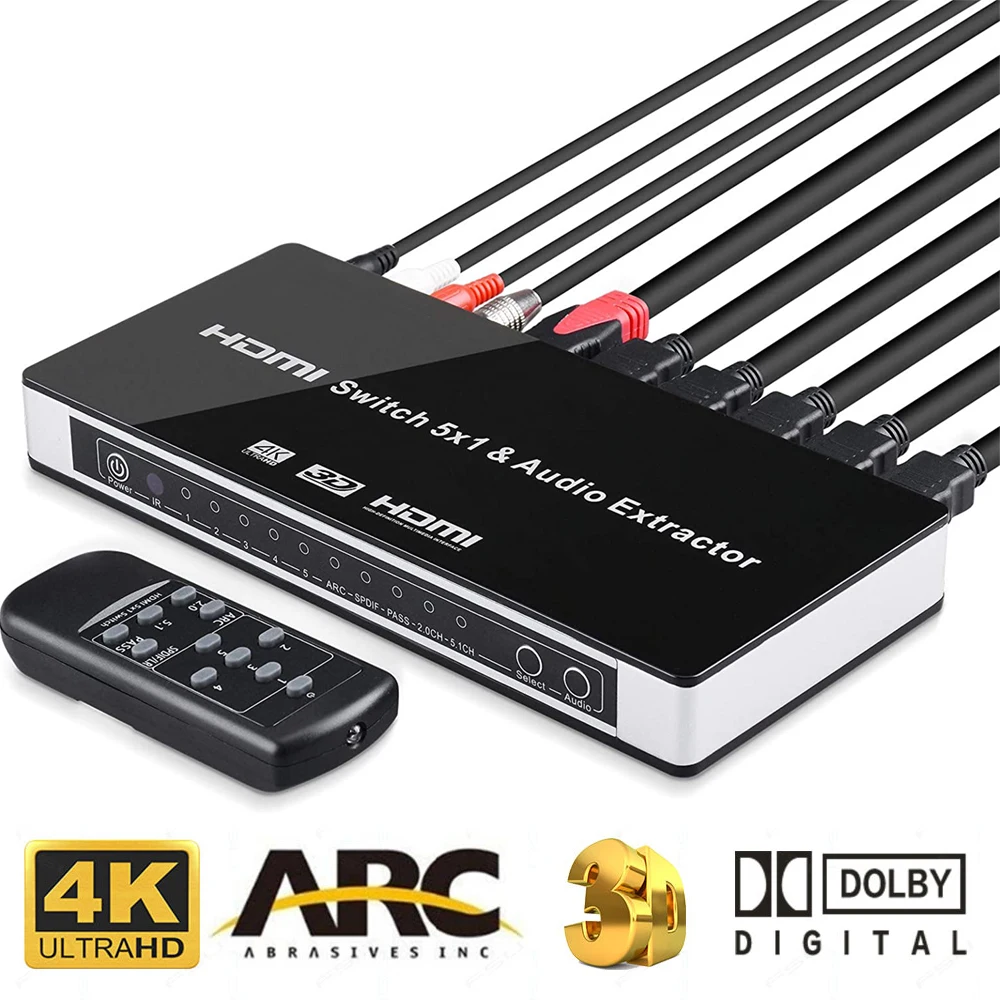 2023 Hdmi Switch Switcher 5X1 Hdmi Audio Extractor 4K X 2K 3D Arc Audio Edid Impostazione Hdmi 1.4V Hdmi Switch Remote Per Ps4 Apple Tv