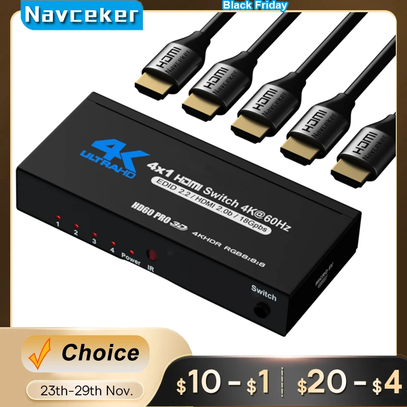 2023 Best 4K Hdmi Switch 2.0 Supporto Rgb 4:4:4 Hdr Hdmi Switch 4K 60Hz Hdmi 2.0 Switch Remote Ir Uhd 4 Porte Hdmi Switch Switcher