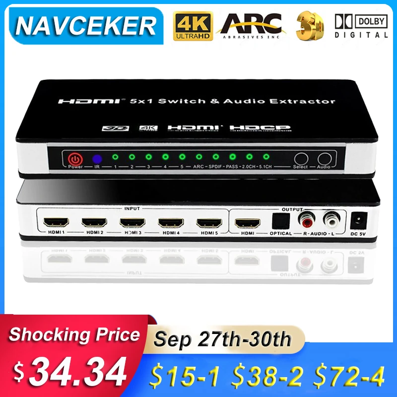 Navceker 2023 4K 1.4 Hdmi Switch 5X1 Hdmi Switch Audio Extractor Arc & Ir 5 Porte Hdmi Switch Remote 4K Per Ps4 Ps3 Apple Tv Xbox