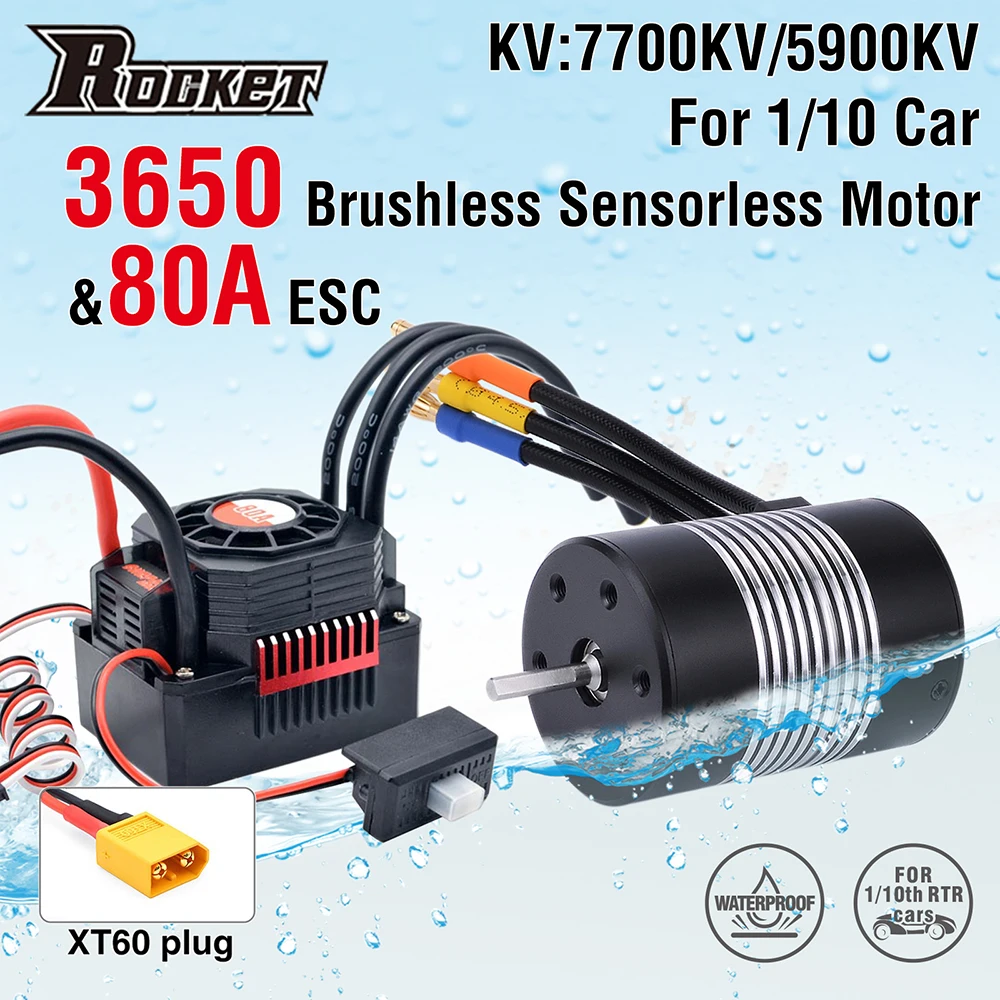 Motore Sensorless Brushless Impermeabile Rocket 3650 7700Kv Con Set Combinato Esc Brushless 80A Per Auto Tamiya Rc 1/10