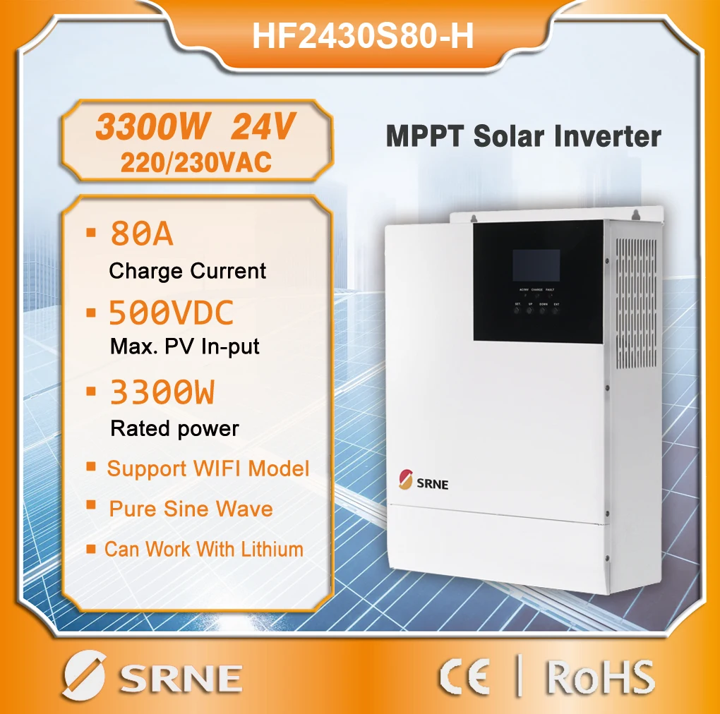Srne 3300W Inverter Solare Ibrido 24V 220V Mppt 80A Inverter A Onda Sinusoidale Pura Inverter Solare Off-Grid Caricabatteria 24V