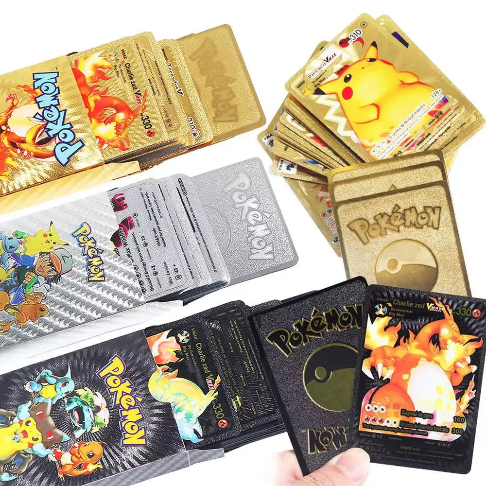 Carte Pokemon Spagnole Inglesi Metallo Colorato Oro Nastro Vmax Gx Energy Card Charizard Pikachu Rare Collection Battle Trainer