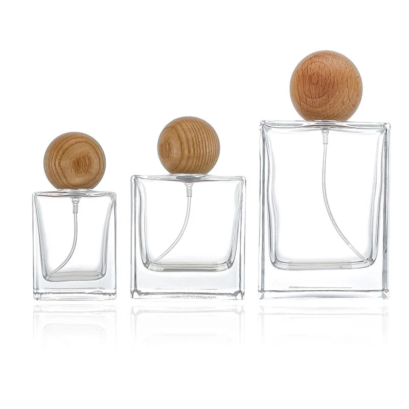 30Ml 100Ml Square Perfume Bottle Spherical Wood Cap Spray Bottle High-End Perfume Sub-Bottling Glass Cosmetic Packaging Bottle