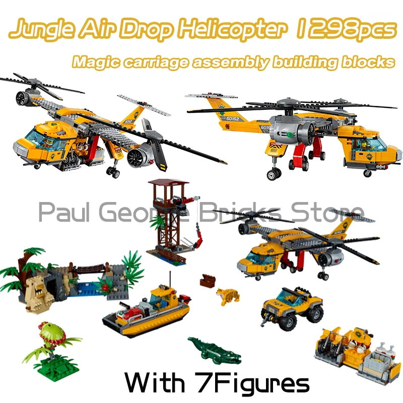 In Stock City Series Jungle Air Drop Helicopter Building Blocks Compatibile 60162 Exploration Site Bricks Toys For Boys Kid Gifts