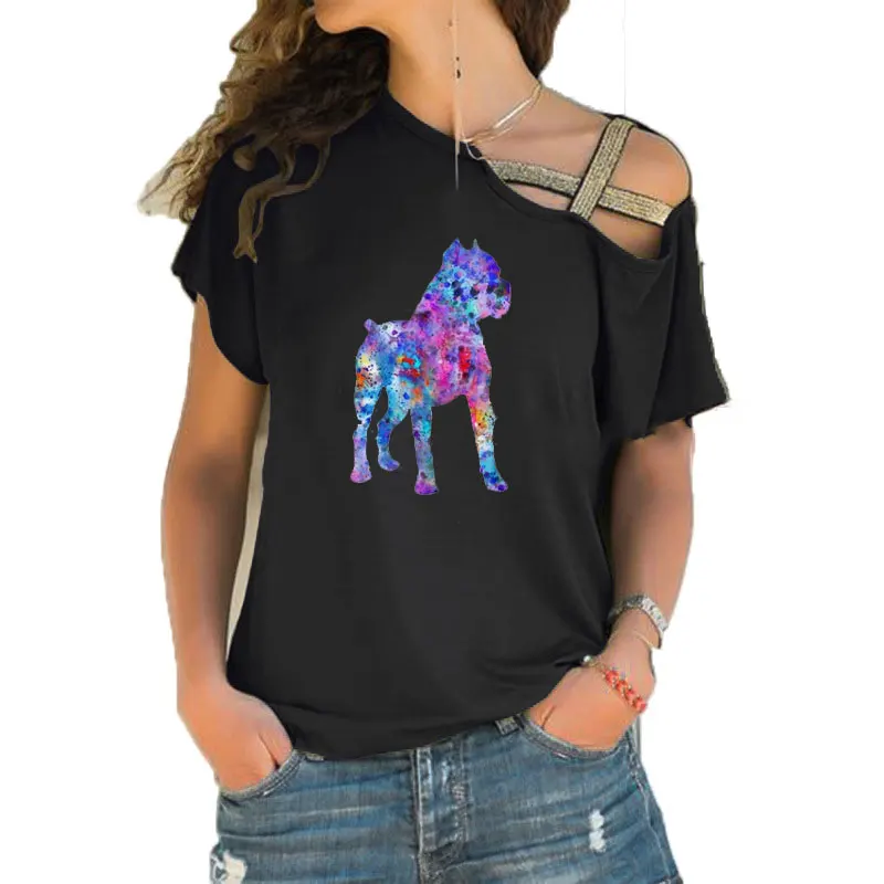 New Summer Acquerello Cane Corso Cane Stampa Divertente Maglietta Donna Manica Corta Sciolto Irregolare Inclinato Croce Fasciatura Top Tee