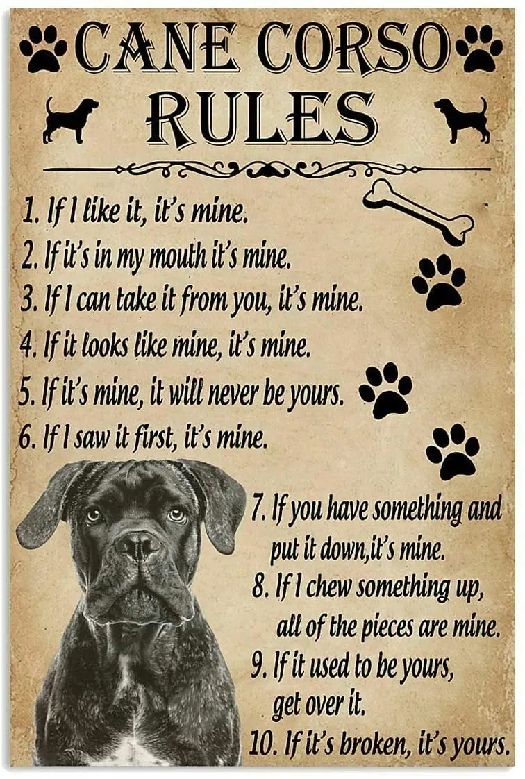 Wall Art Decor Signs Tin Poster Thick Tin Print Poster Cane Corso Rules Poster Senza Cornice Vintage Wall Decor Artwork Print