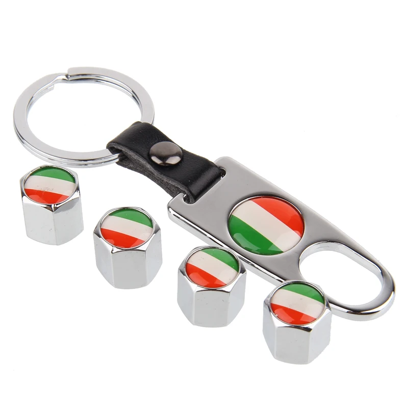 Hausnn Bandiera Italia Nero/Silver Car Tyre Valve Caps Pneumatico Air Dust Stem Covers Con Portachiavi Per La Ferrari Fiat Alfa Romeo