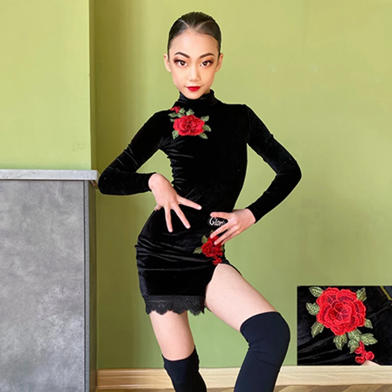 New Rose Velvet Latin Dance Dress Girls Chacha Dancing Clothes Rumba Samba Performance Suit Body Gonna Practice Wear Dl11037