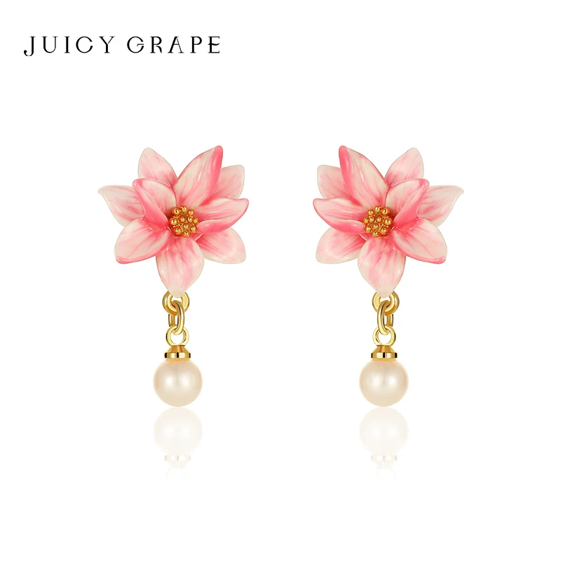 Juicy Grape Pink Magnolia Flower Pearl Charm Orecchini S925 Silver Needle Summer Women'S Luxury Sweet Orecchini 2023 New Trendy