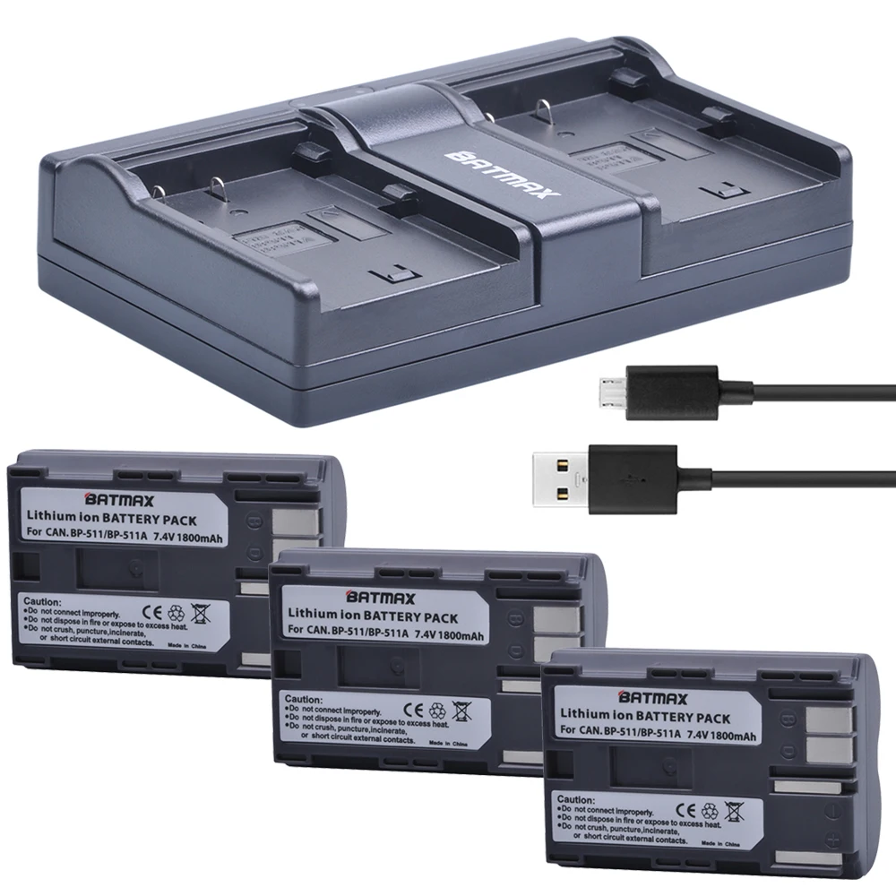 Batmax 3Pcs 1800Mah Bp-511A Bp-511 Bp 511 511A Batteria + Caricatore Doppio Usb Per Fotocamera Canon Eos 40D 300D 5D 20D 30D 50D