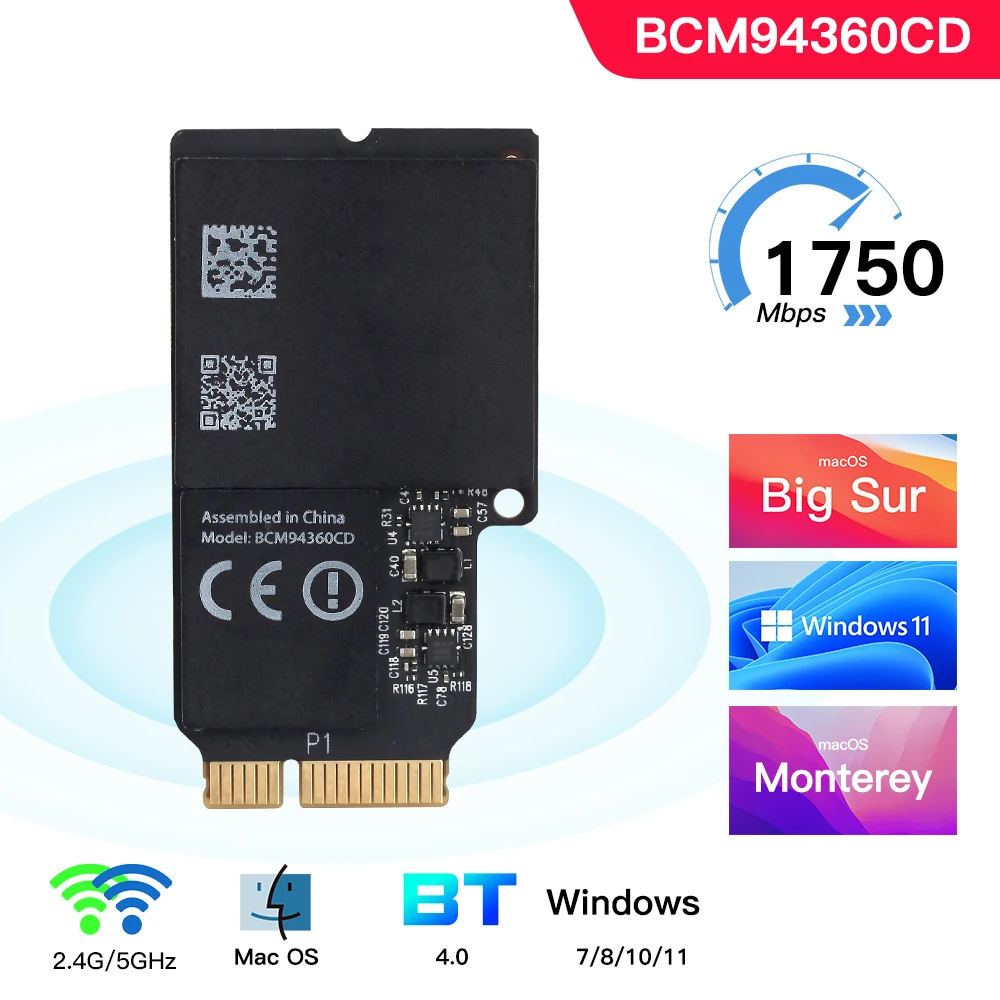 Scheda Bluetooth Wifi Dual Band Da 1750Mbps 2.4Ghz/5Ghz Bt 4.0 Broadcom Bcm94360Cd Modulo Wireless Per Apple Hackintosh Mac Os