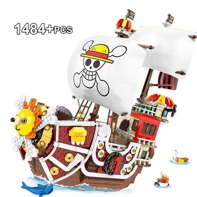 1484Pcs + 8Dolls Anime One Piece Pirates Ship Thousand Sunny Boat Models Zoro/Rufy Boat Building Blocks Giocattoli Per Bambini Compleanno