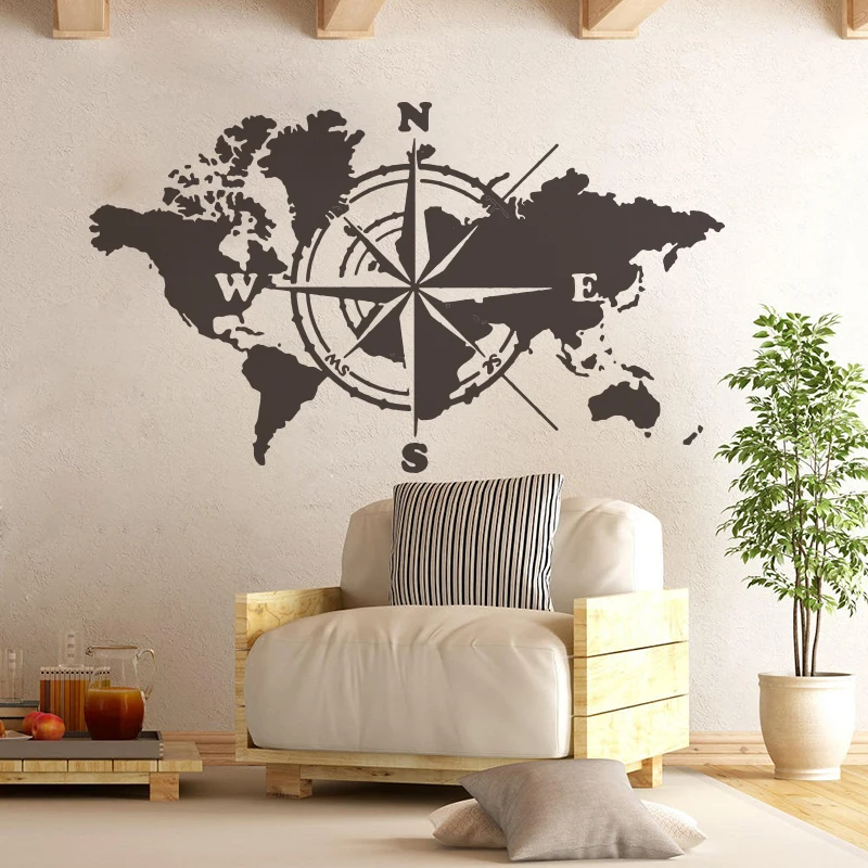 Decorazione In Vinile Per Camera Da Letto Enorme Bussola Mappa Del Mondo Adesivo Da Parete Da Viaggio Aula Ufficio Mondo Atlas Adventure Decalcomania 